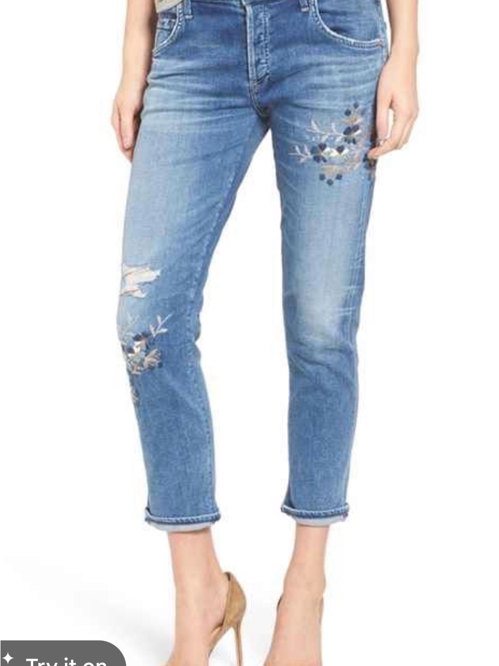 Citizens Of Humanity Light Blue Cropped Jeans With Floral Embroidery